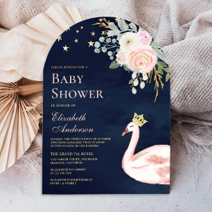 Invitation Cygne Princesse Fleurs Roses Arche Bleu Marine Bab