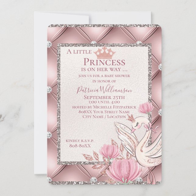 Invitation Cygne princesse sur rose glamour avec diamants (Devant)