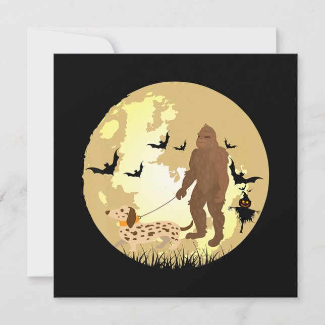 Invitation Dachshund Halloween Bigfoot promenant un dachshund (Devant)