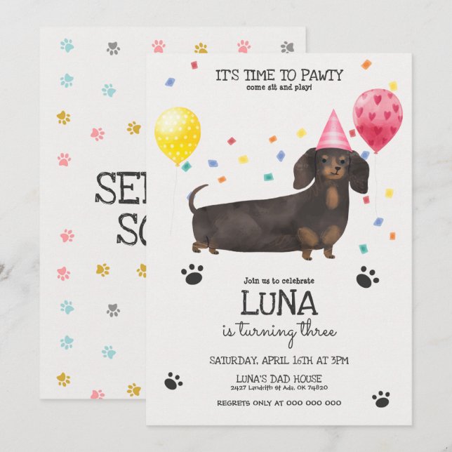 Invitation  Dachshund laisse Pawty Chien Anniversaire Invitat (Devant / Derrière)