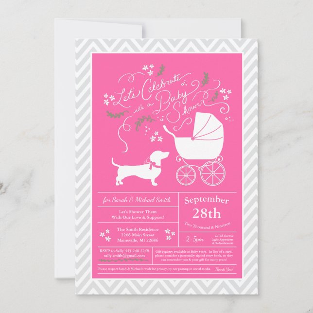 Invitation Dachshund Wiener Chien Baby shower fille rose (Devant)