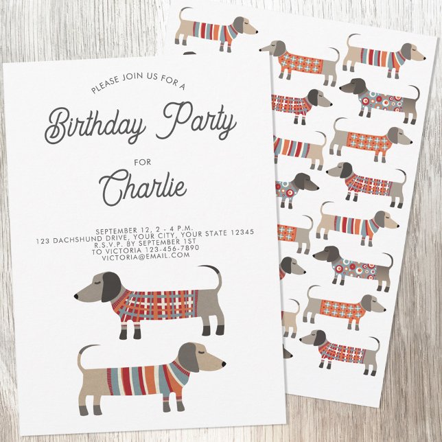 Invitation Dachshund Wiener Saucisse Chien fête d'anniversair (Fun Dachshund Wiener Sausage Dog personalized birthday party invitation with custom text)