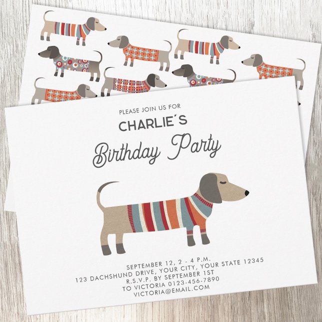 Invitation Dachshund Wiener Saucisse Chien fête d'anniversair (Fun Dachshund Wiener Sausage Dog personalized custom text birthday party invitation)