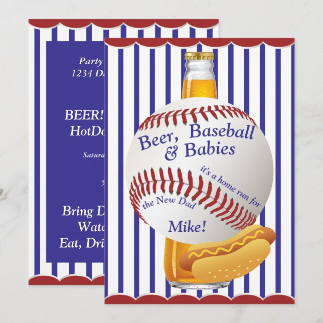Invitation Daddy Baby shower Beer Baseball et Baby (Devant / Derrière)