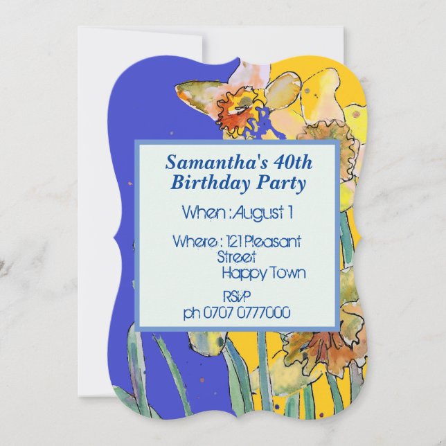 Invitation Daffodil Floral 40e anniversaire Jaune Marine Bleu (Devant)