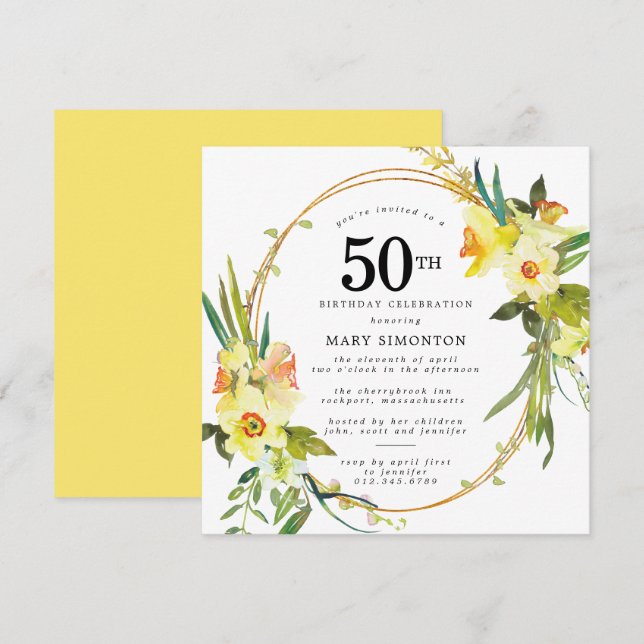 Invitation Daffodile jaune Boho rustique 50e anniversaire (Devant / Derrière)