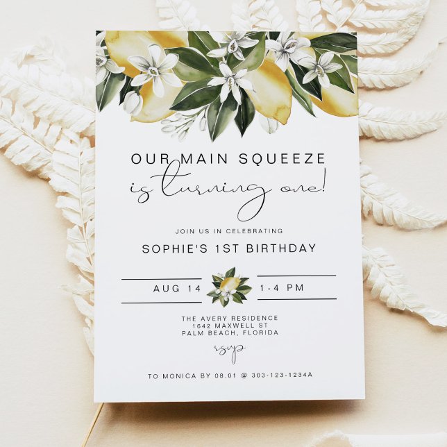 Invitation DAHLIA Aquarelle mignonne Citron premier anniversa (Créateur téléchargé)