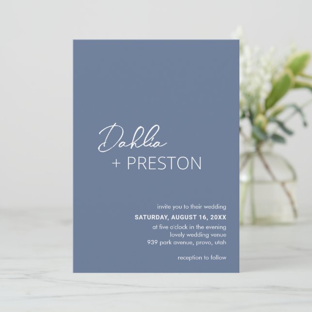 Invitation Dahlia Dusty Bleu Contemporain Mariage moderne (Debout devant)