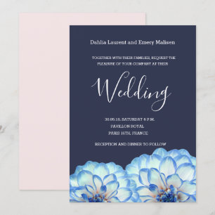 Invitation Dahlia fleurs bleu marine blanc roux rose mariage