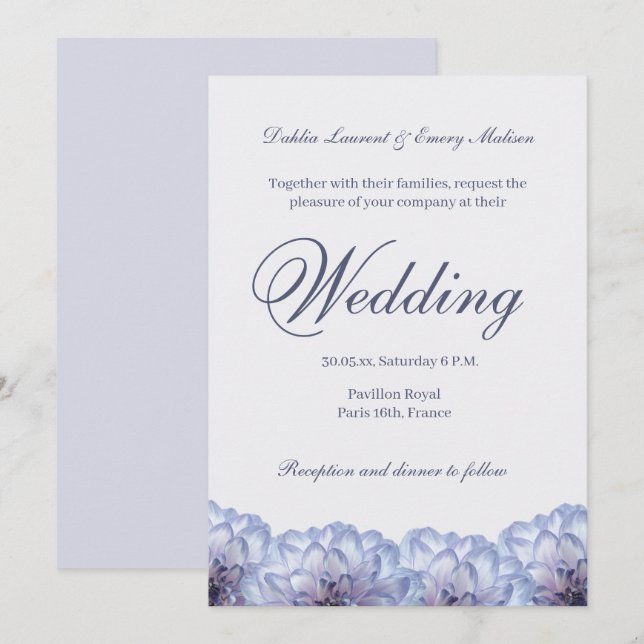 Invitation Dahlia Fleurs Lilac Bleu Élégant Mariage Floral (Devant / Derrière)