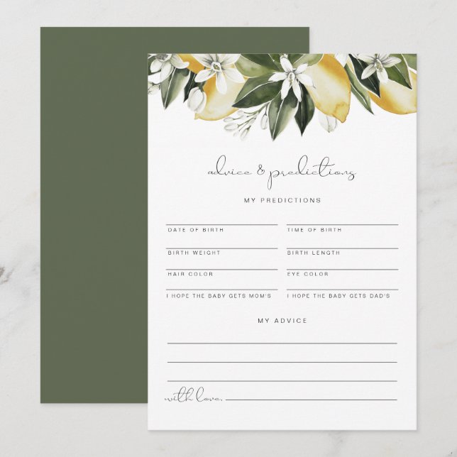 Invitation DAHLIA Lemon Baby Advice and Predictions Card (Devant / Derrière)