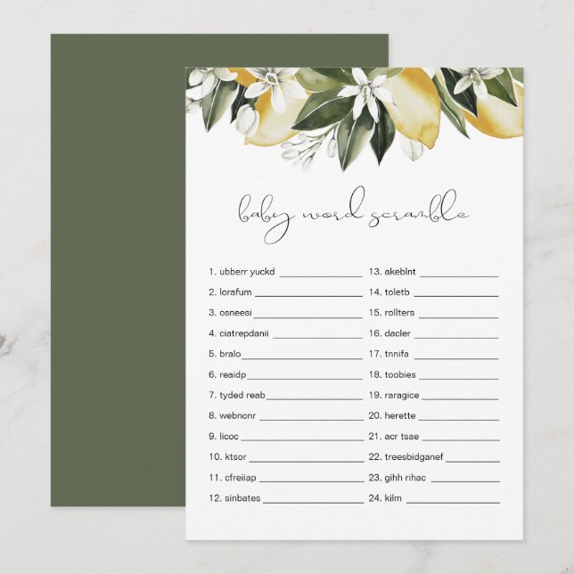 Invitation DAHLIA Lemon Baby Word Scramble Baby shower Jeu (Devant / Derrière)