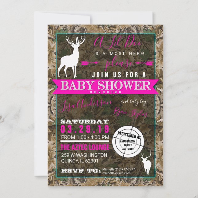 Invitation Daine de baby shower de fille de Camo de chasse (Devant)