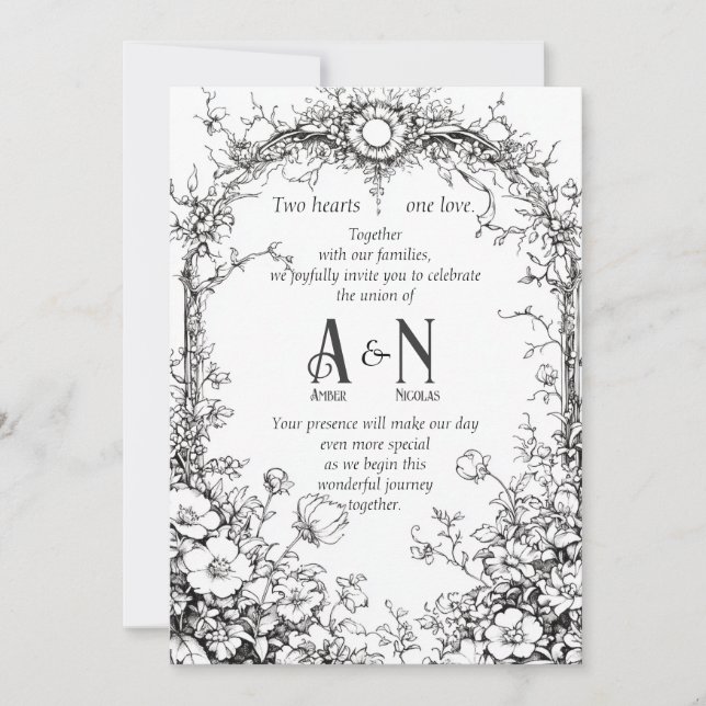 Invitation Dainty Botanique Rustique, Black & White Invitatio (Devant)