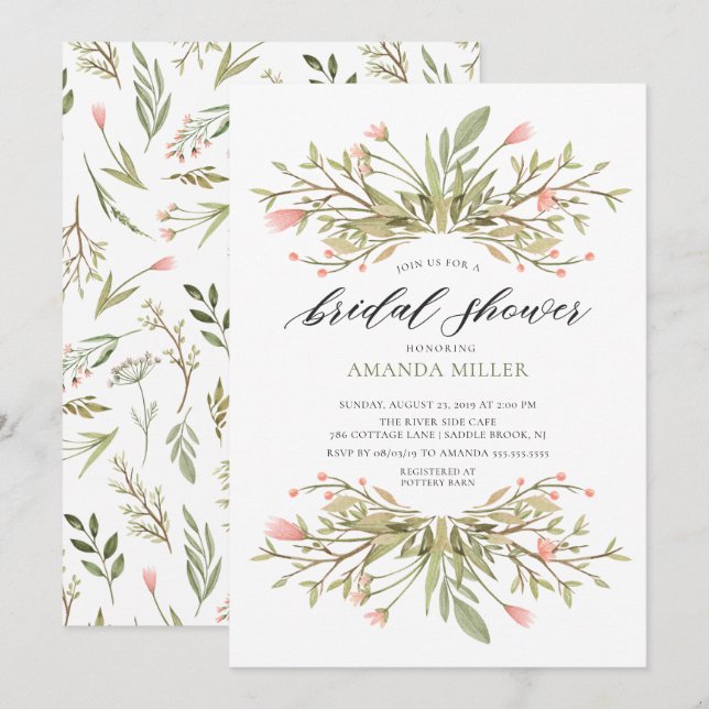 Invitation Dainty Rose Floral & Fête des mariées verte (Devant / Derrière)