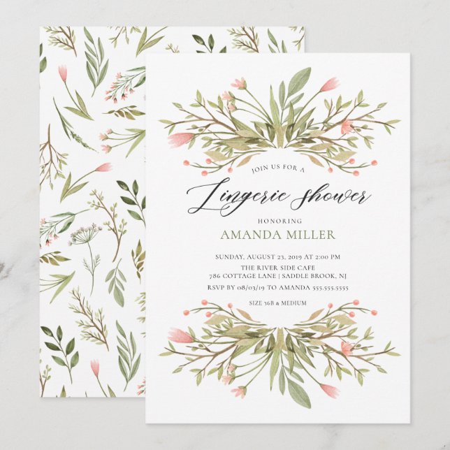 Invitation Dainty Rose Floral Verdure nuptiale Lingerie douch (Devant / Derrière)