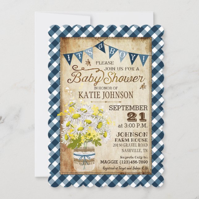 Invitation Daisées de campagne En vichy Baby shower de chèque (Devant)