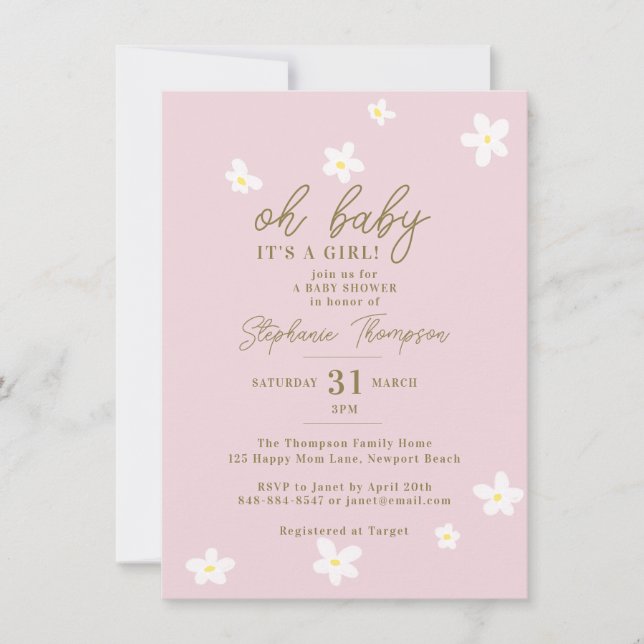 Invitation Daisies Blush Rose Oh Baby Girl Douche (Devant)