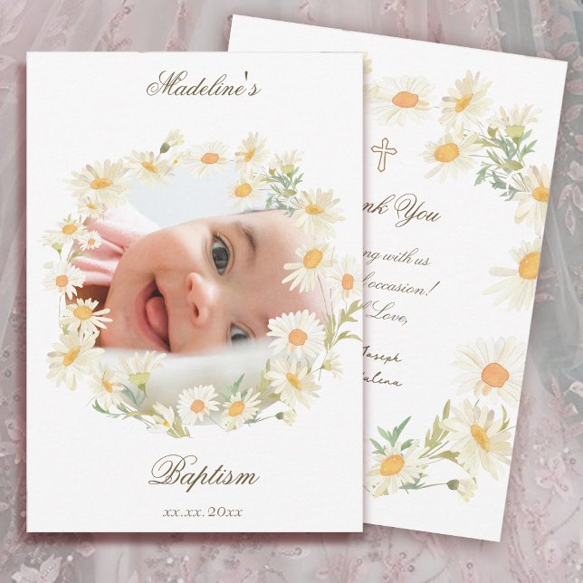 Invitation daisies wreath Baptism small thank you card  (Créateur téléchargé)