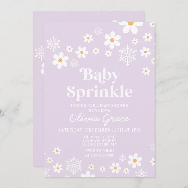 Invitation Daisy and Snowflake Retro Baby Sprinking (Devant / Derrière)