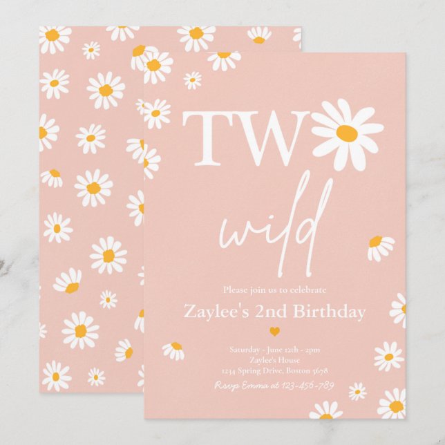 Invitation Daisy Anniversaire fête Bohmian Deux Wild 2e Anniv (Devant / Derrière)