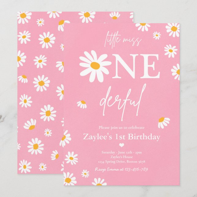 Invitation Daisy Anniversaire Fête Bohmian Little Miss Oneder (Devant / Derrière)