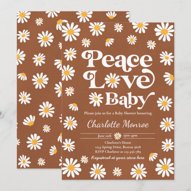 Invitation Daisy Baby shower Bohême Peace Love Baby shower (Devant / Derrière)