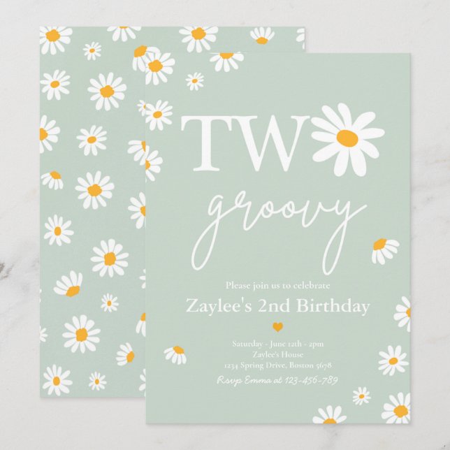 Invitation Daisy Birthday Party Boho Deux Super 2e anniversai (Devant / Derrière)