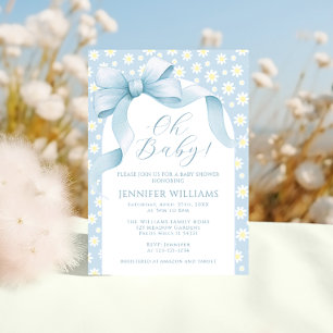 Invitation Daisy Blue Floral Bow Ribbon Baby Boy Douche garço