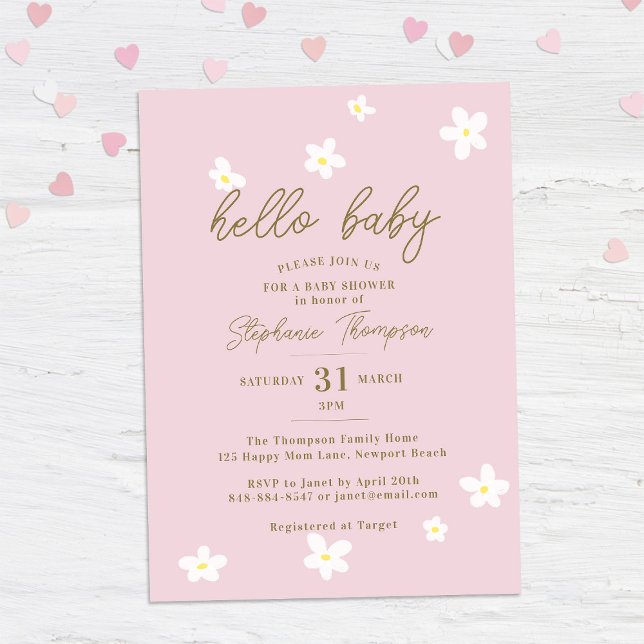 Invitation Daisy Bonjour Bébé Printemps rose Élégant fille Do (Créateur téléchargé)