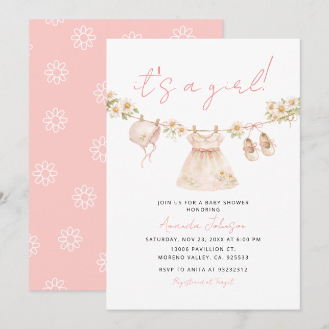 Invitation Daisy Clothesline Baby Girl Shower Invite (Devant / Derrière)