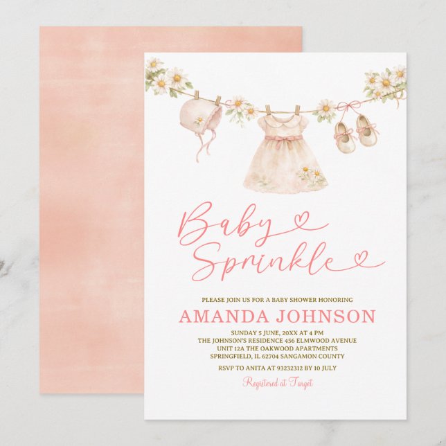 Invitation Daisy Clothesline Baby Sprinkle Girl Pink Peach (Devant / Derrière)