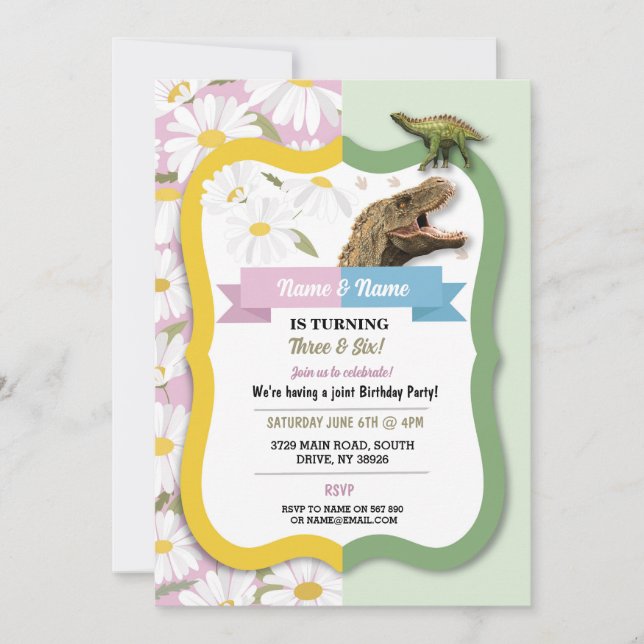 Invitation Daisy & Dinosaur Joint Boy Girl Anniversaire (Devant)
