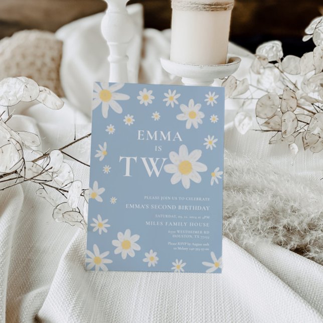 Invitation Daisy Dusty Blue Deuxième 2e anniversaire Deux (Créateur téléchargé)