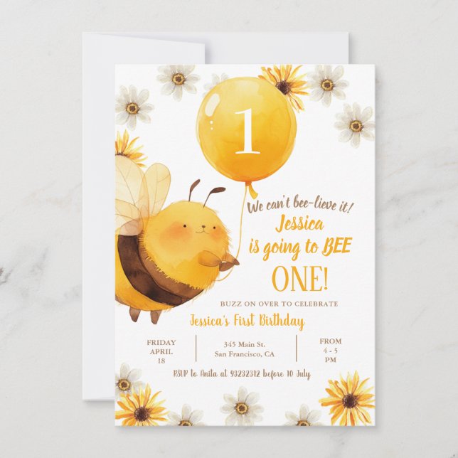 Invitation Daisy et Bee Sunflower Premier anniversaire (Devant)