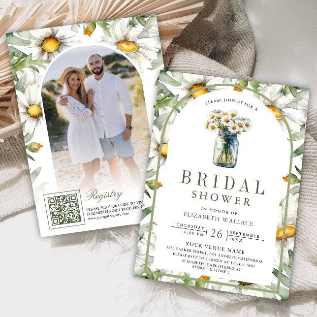 Invitation Daisy Floral Mason Jar Photo QR Code Bridal Shower (Créateur téléchargé)