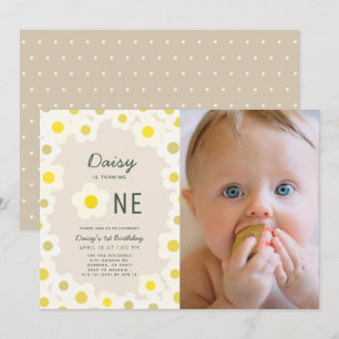 Invitation Daisy Floral Taupe Photo 1er anniversaire Invitati