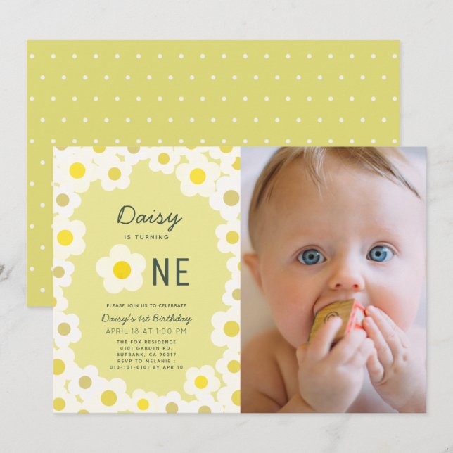 Invitation Daisy Floral Yellow Photo 1er Anniversaire Invitat (Devant / Derrière)