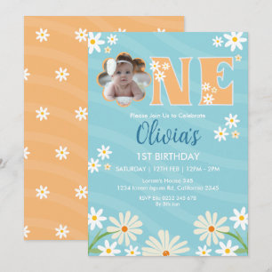 Invitation Daisy Flower Photo One Girl daisy 1er Anniversaire