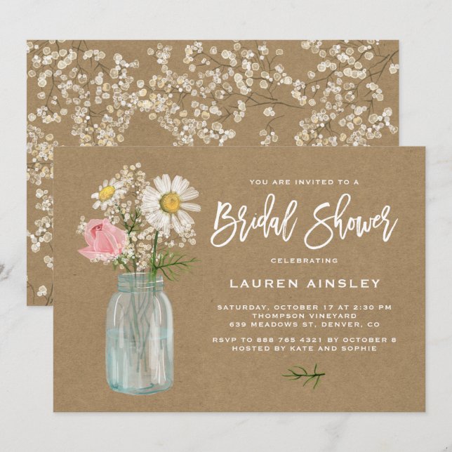 Invitation Daisy Mason Jar Kraft Papier Fête des mariées d'au (Devant / Derrière)