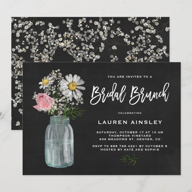 Invitation Daisy Mason Jar Rustic Chalkboard Bridal Brunch (Devant / Derrière)