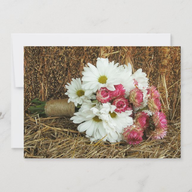 Invitation Daisy & Pink Bouquet & Hay Mariage campagnard Invi (Devant)