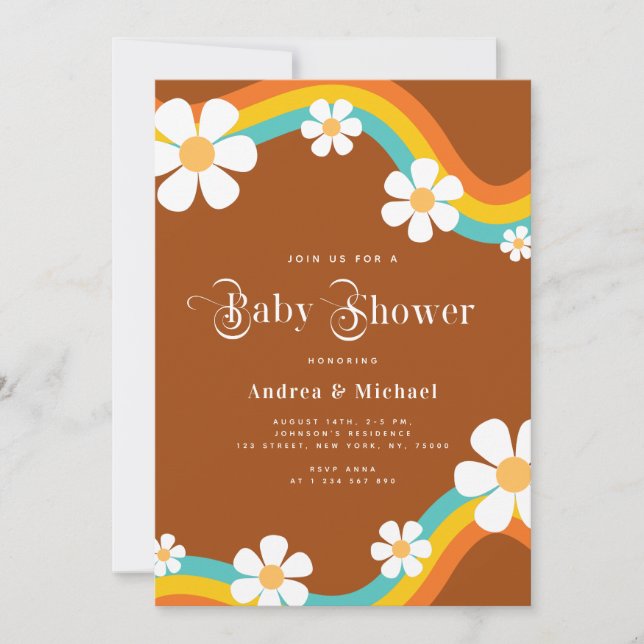 Invitation Daisy Rainbow Retro Typographie Hippie Baby shower (Devant)