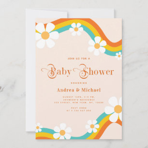 Invitation Daisy Rainbow Retro Typographie Hippie Baby shower
