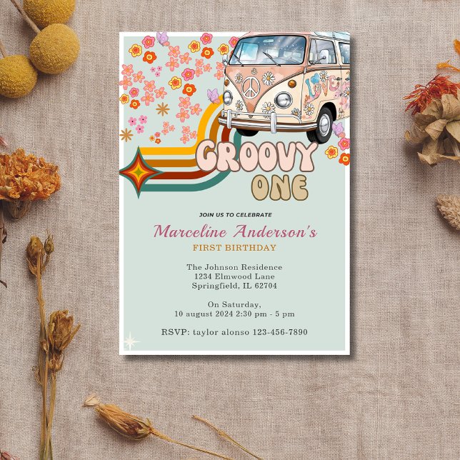 Invitation Daisy & Retro Van Floral Super Un 1er anniversaire (Créateur téléchargé)