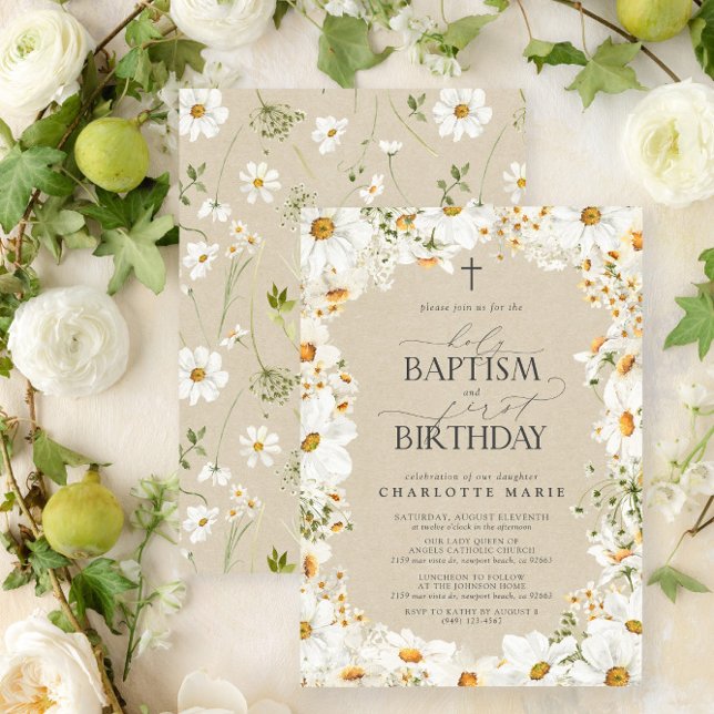 Invitation Daisy Saint-Baptême & 1er anniversaire Floral Girl (Easily personalize this beautiful baptism and first birthday invitation with your personal details)