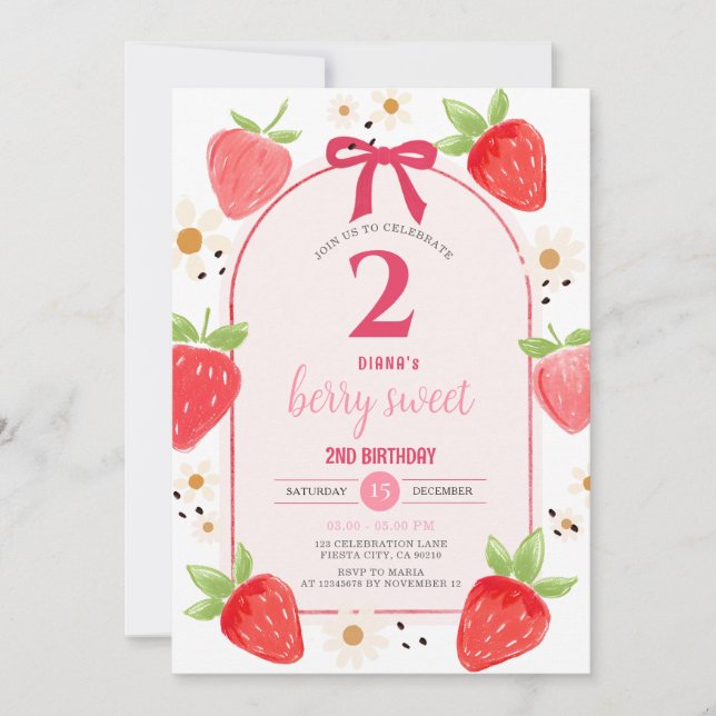 Invitation Daisy Strawberry Second Birthday Party Invite (Devant)