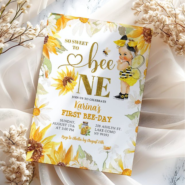 Invitation Daisy Sunflower Blonde Girl First Bee Day Annivers (Créateur téléchargé)