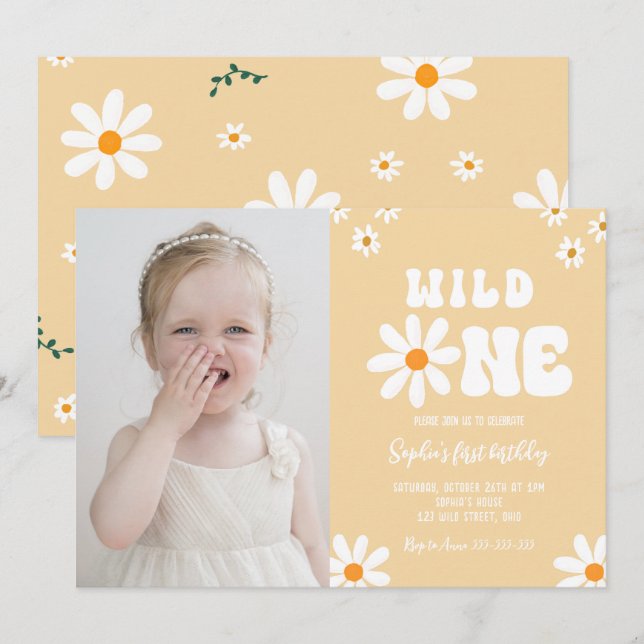 Invitation Daisy Wild One 1er anniversaire fête Boho Photo (Devant / Derrière)