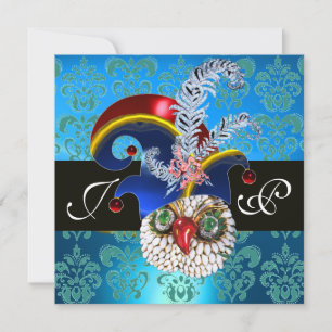INVITATION DAMAS BLEU, CHOUETTE JOYAU, CHAPEAU DE LUTIN, PLUM